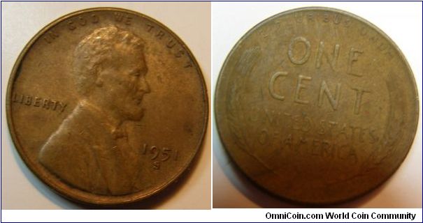 Bronze 
1951S Wheat Penny
Composition: .950 Copper, .05 Tin and Zinc 
Diameter: 19 mm 
Weight: 3.11 grams 
Edge: Plain