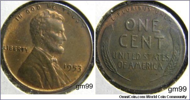 1953 Wheat Penny
Composition: .950 Copper, .05 Tin and Zinc 
Diameter: 19 mm 
Weight: 3.11 grams 
Edge: Plain