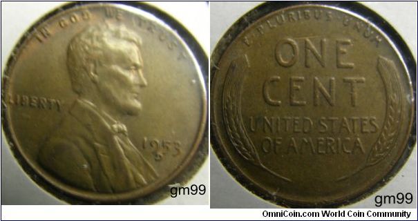 The Denver Mintmark is between the 9&5,with the D touching the 5 in the date.
Bronze 
1953D Wheat Penny