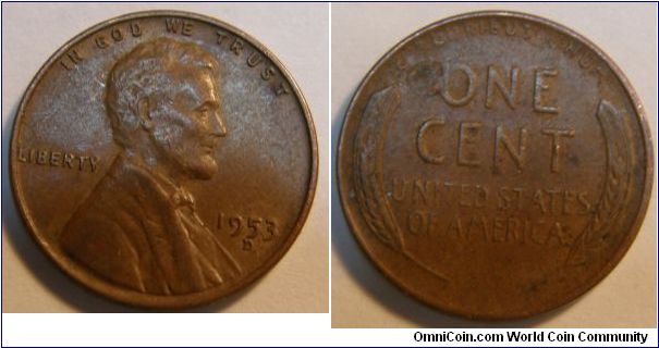 The Denver Mintmark is placed under the 5 in the date.
Bronze 
1953D Wheat Penny
Composition: .950 Copper, .05 Tin and Zinc 
Diameter: 19 mm 
Weight: 3.11 grams 
Edge: Plain