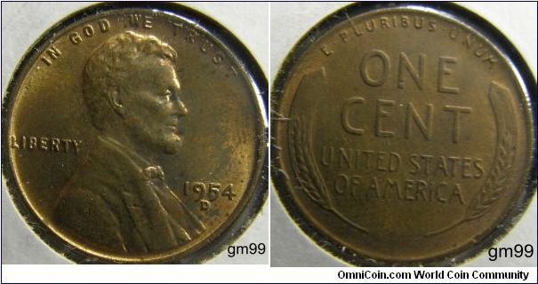 1954D Wheat Penny
Composition: .950 Copper, .05 Tin and Zinc 
Diameter: 19 mm 
Weight: 3.11 grams 
Edge: Plain