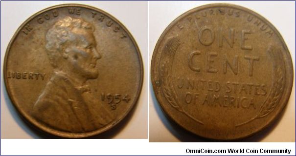 Bronze 
1954S Wheat Penny
Composition: .950 Copper, .05 Tin and Zinc 
Diameter: 19 mm 
Weight: 3.11 grams 
Edge: Plain