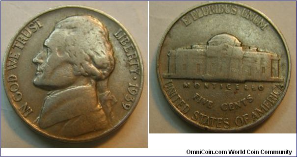 Jefferson Nickel 1939
Reverse features his Virginian estate, Monticello