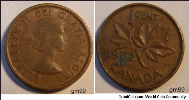 Without strap, Obverse;Queen Elizabeth II right.
Reverse; Maple leaf divides date and denomination. EDGE: Plain, Bronze
1 Cent