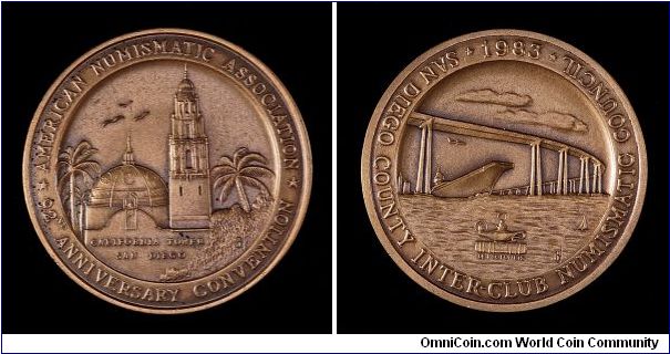 ANA San Diego convention medal, 32 mm bronze. Edge serial # 199.