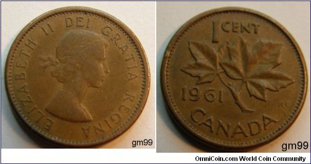 Without strap. Obverse; Laureate bust right. Reverse Maple leaf divides date and denomination.
1 Cent, Bronze.