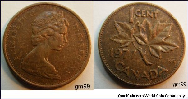 Obverse; Queen Elizabeth II Bust right. Reverse; Maple leaf divides date and denomination. Bronze.
1 Cent