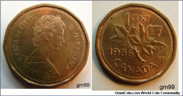 Note; Blunt 5. Shape; Multi- sided. Obverse;Queen Elizabeth II right. Reverse maple leaf divides date and denomination. 
1 Cent