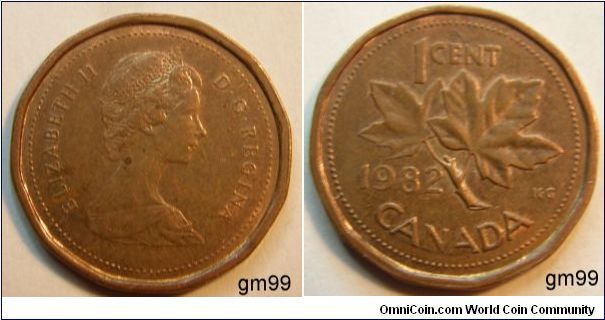 Bronze, Shape; Multi-sided. Obverse;Queen Elizabeth II right. Reverse; Maple leaf divides date and denomination. 1 Cent, Edge; Plain
1 Cent