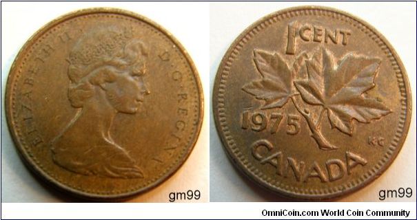 Overse;Queen Elizabeth II bust right. Reverse; Maole leaf divides date and denomination. Bronze, Plain edge.
1 Cent