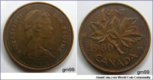 Obverse;Queen Elizabeth II right. Obverse; maple leaf divides date and denomination, NOTE; Large beads, blunt 5.
1 Cent