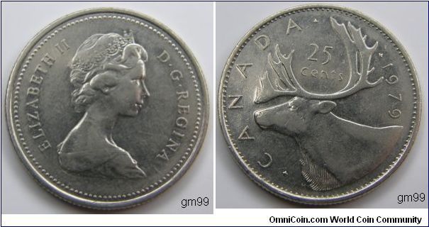Obverse; Young Queen Elizabeth II right. Rverse; Caribou left, denomination above, date 1979 at right 25 cents.Composition: Nickel.