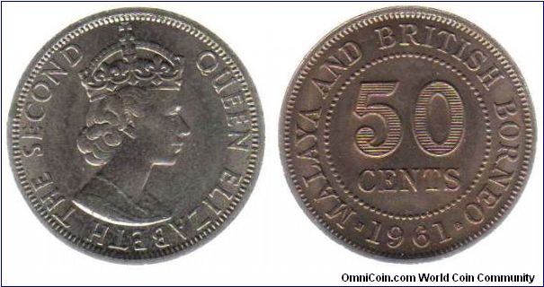 1961 Malaya & British Borneo 50 cents - the obverse is covered in fine corrosion which is why the two sides look different colours in these scans.