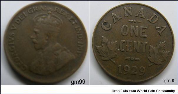 Obverse;King George V Left. Reverse; Denomination above date, leaves flank. Bronze/ brown
One Cent