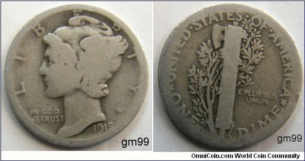 MERCURY HEAD DIME
Mintmark: D (for Denver) just to the right of the E of ONE on the reverse-1918. Metal content:
Silver - 90%
Copper - 10%