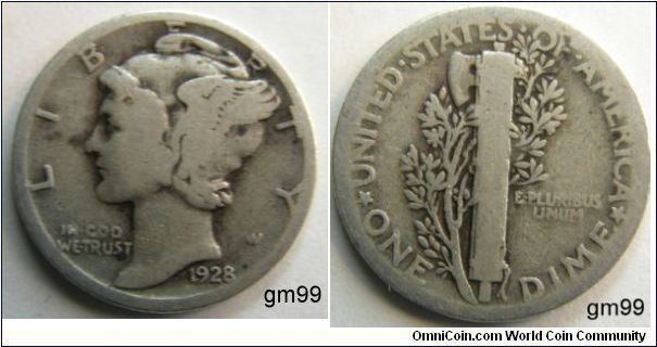 1928 Dime
Mintmark: None (for Philadelphia) just to the right of the E of ONE on the reverse.Metal content:
Silver - 90%
Copper - 10%