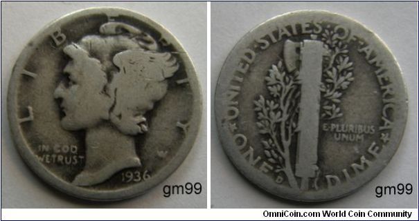 1936-D MERCURY HEAD DIME 
Mintmark: D (for Denver) just to the right of the E of ONE on the reverse