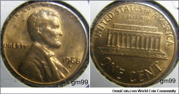 LINCOLN CENT, MEMORIAL REVERSE
1968D Penny