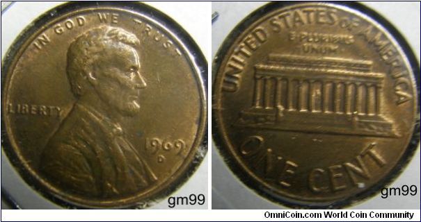 LINCOLN CENT, MEMORIAL REVERSE
COPPER PLANCHET
1969D Penny