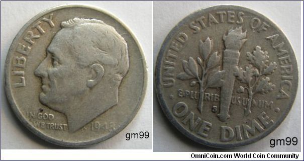 Franklin Delano Roosevelt Dime, 10 Cents.
Metal content:
Silver - 90%
Copper - 10% 1948S-
Mintmark: S (for San Francisco, CA) just to the left of the base of the torch on the reverse