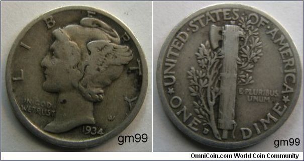 1934-D MERCURY HEAD DIME
Mintmark: D (for Denver) just to the right of the E of ONE on the reverse. Metal content:
Silver - 90%
Copper - 10%