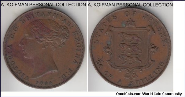 KM-, 1844 Jersey 1/26'th of a shilling; copper, plain edge; brown about uncirculated, a couple of spots on reverse, these coins are scarcer in high grades as they circulated heavily, recut die with V in VICTORIA and A in REGINA on obverse, A and possibly E in STATES and maybe 2 in denomination on reverse. Surprisingly clear and low relief JERSEY lettering on reverse.