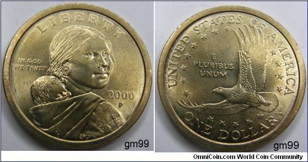 SACAGAWEA DOLLAR,2000P,
Mintmark: P (for Philadelphia, Pennsylvania) centered below the date
