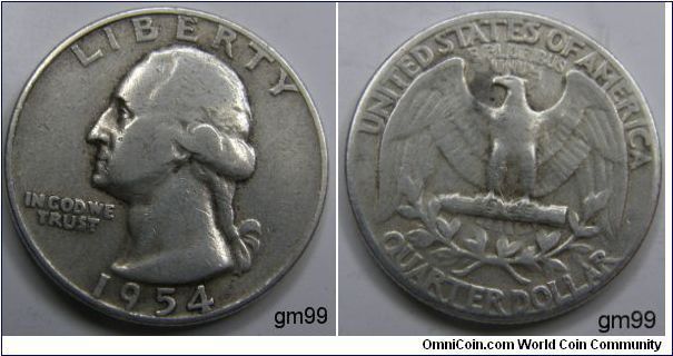 QUARTER DOLLAR, 25 cents. 1954
Mintmark: None (for Philadelphia, PA) below the wreath on the reverse. Metal Content:
Silver - 90%
Copper - 10%