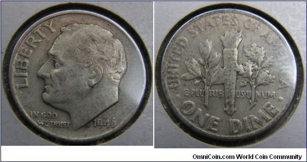 Franklin Delano Roosevelt 
1946-D DIME 
Mintmark: D (for Denver, CO) just to the left of the base of the torch on the reverse