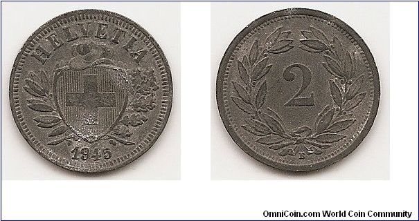 2 Rappen
KM#4.2b
2.4000 g., Zinc Obv: Cross on shield within sprigs Rev: Value
within wreath