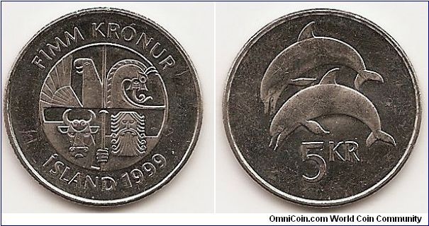 5 Kronur
KM#28a
5.6000 g., Nickel Clad Steel, 24.5 mm. Obv: Quartered design
of Eagle, dragon, bull and giant Rev: Two dolphins leaping left
Edge: Reeded