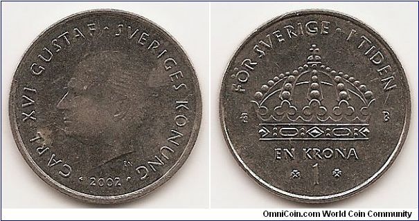 1 Krona
KM#894
6.9800 g., Copper-Nickel, 24.9 mm. Ruler: Carl XVI Gustaf
Obv: Head left Rev: Crown and value Edge: Reeded