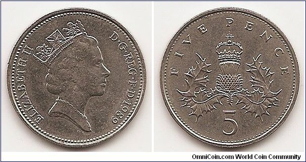 5 Pence
KM#937
5.6500 g., Copper-Nickel, 23.59 mm. Ruler: Elizabeth II Obv:
Crowned head right Rev: Modified design, Five Pence is away
from the edge