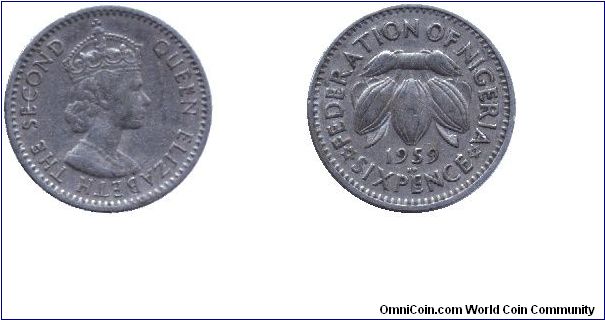 Nigeria, 6 pence, 1959, Cu-Ni, Queen Elizabeth II, Cocoa bean.                                                                                                                                                                                                                                                                                                                                                                                                                                                      