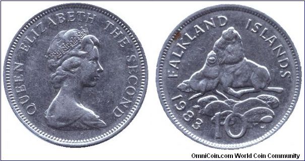 Falkland Islands, 10 pence, 1983, Cu-Ni, Queen Elizabeth II, Ursine Seal.                                                                                                                                                                                                                                                                                                                                                                                                                                           