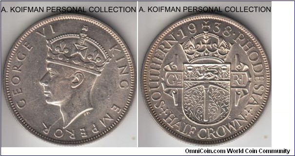 KM-15, 1938 Southern Rhodesia half crown; silver, reeded edge; about uncirculated - reverse is nice and lustrous, but obverse King's cheek has rubbing.