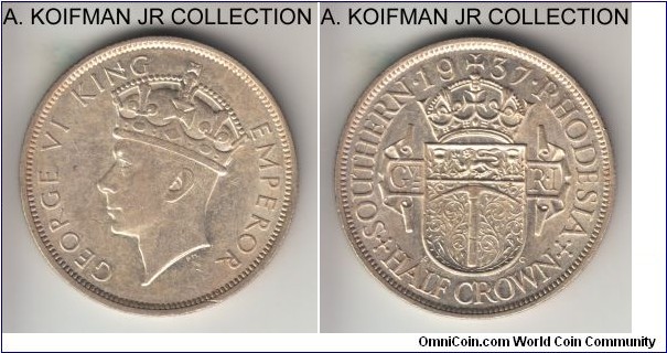 KM-13, 1937 Southern Rhodesia 1/2 crown; silver, reeded edge; George VI coronation and one year type, although minted in relatively large quantities, it is scarce now, especially in higher grades, coin is in extra fine or almost condition, I do not think it was cleaned.
