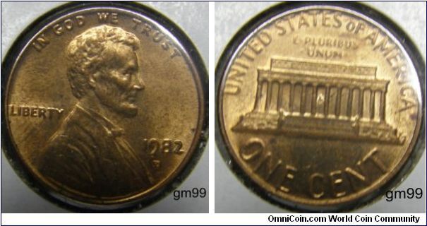 1982D Lincoln Cent
Metal content:
Copper - 95%
Tin and Zinc - 5%
Weight: 48 grains (3.11 grams)
Edge: Plain
Mintmark: D (for Denver, CO) below the date