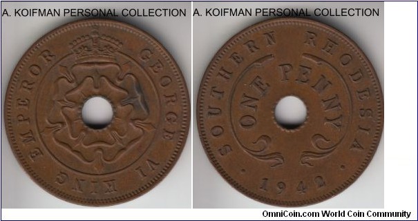 KM-8a, 1942 Southern Rhodesia penny; bronze, plain edge; smallest mintage of the type, about uncirculated.