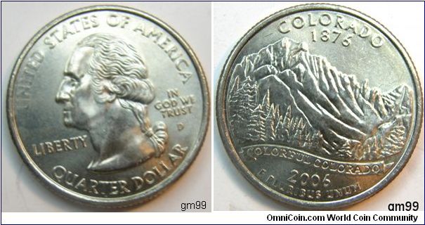 Colorado is the 38th coin in the United States  The Colorado quarter depicts a sweeping view of the state's rugged Rocky Mountains with evergreen trees and a banner carrying the inscription Colorful Colorado. The coin also bears the inscriptions Colorado and 1876.