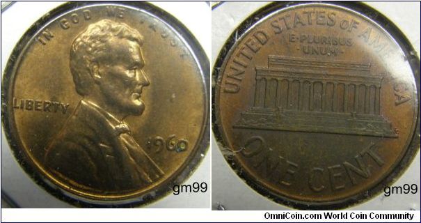 Lincoln One Cent,1960
Mintmark: None (for Philadelphia, PA) below the date
