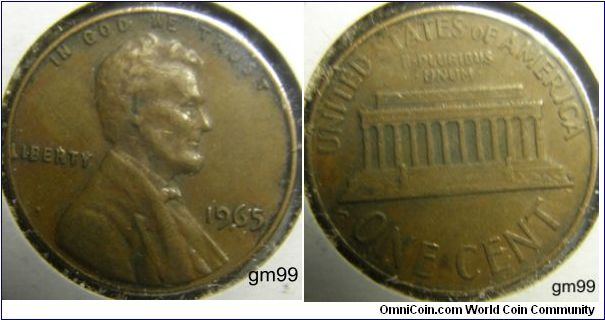 1965 Lincoln Cent
Mintmark: None (for Philadelphia, PA) below the date