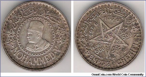 500 Francs, King Mohammed V.  KM#54