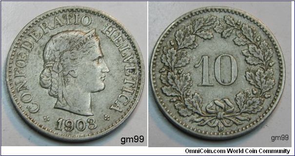 10 Rappen (Copper-Nickel)Obverse; Head of Helvetia right, LIBERTAS on headband,
CONFOEDERATIO HELVETICA date 1903
Reverse; Value within wreath,
10