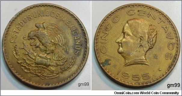 Bronze,25.5mm, Obverse: National arms, eagle left.Reverse: Cinco Centavos,Head left, Date