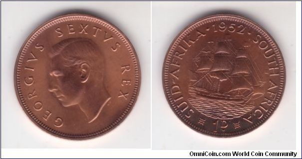 KM-34.2, 1952 South Africa penny; proof from the set