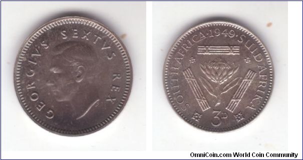 KM-35.1, 1949 proof 3 pence, toned