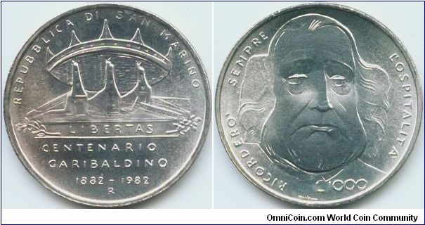 San Marino, 1000 lire 1982.
Centennial - Death of Garibaldi.