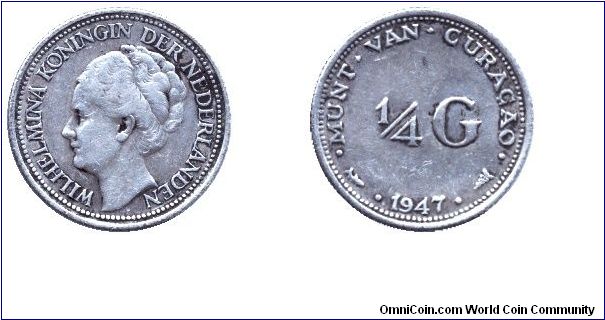 Curacao, 1/4 gulden, 1947, Ag, Queen Wilhelmina.                                                                                                                                                                                                                                                                                                                                                                                                                                                                    