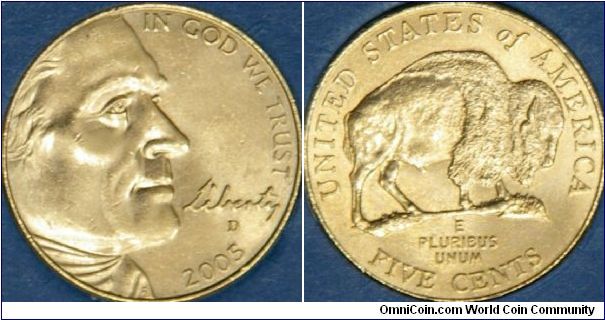 3rd of Westward Journey Nickel Series.  A source of food and clothing by Louis and Clark, the buffalo image is reminiscent of the old buffalo nickel.   This image of Jefferson used only one year.